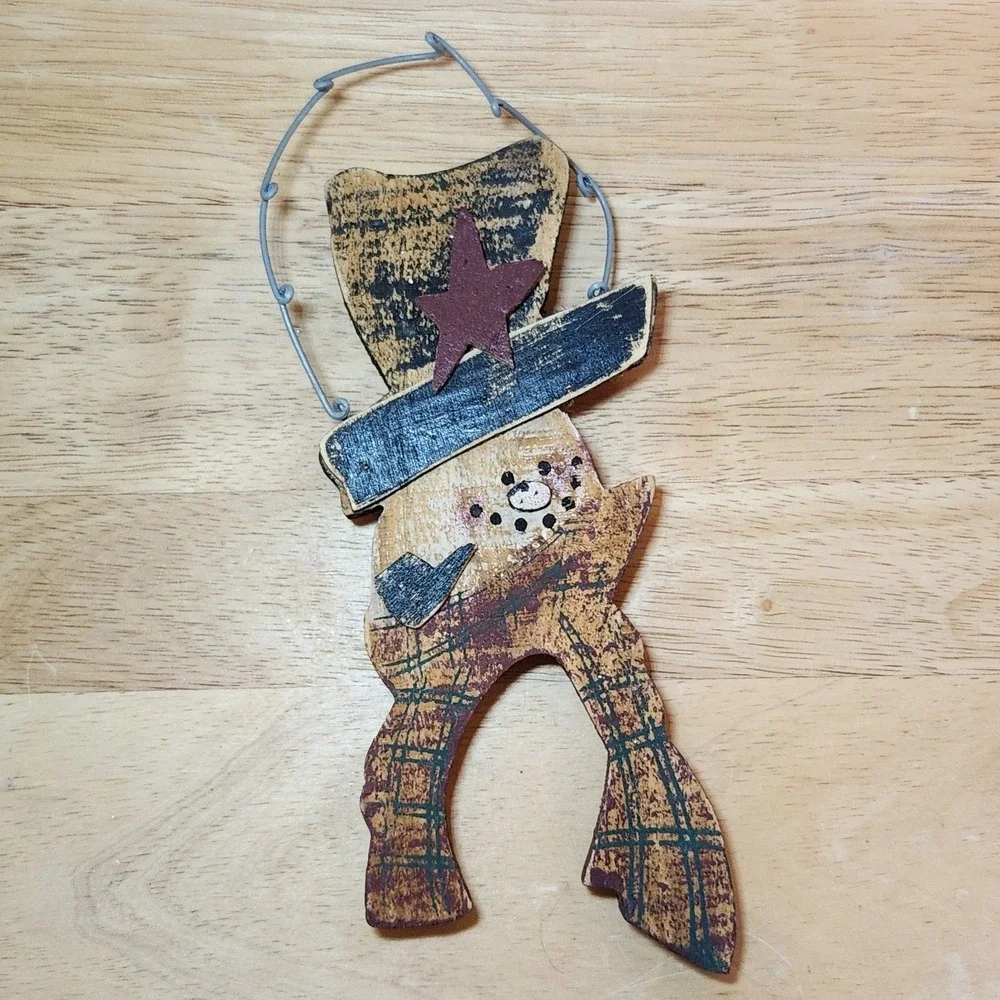 Vintage Wooden Snowman with Pipe, Scarf, Hat‎ Christmas Ornament 8.5x3.5x.5